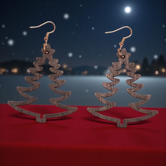 Black Wood Christmas Tree Earrings | Lightweight Holiday Jewelry | 2" x 3.1" - Picture 3 of 5